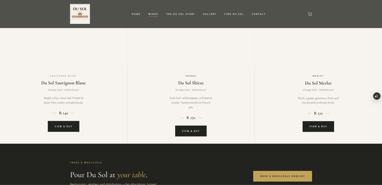 Du Sol Wines online store wines listing with prices